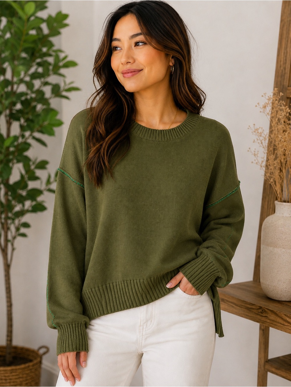 Zenana Dark Olive Contrast Detail Sweater